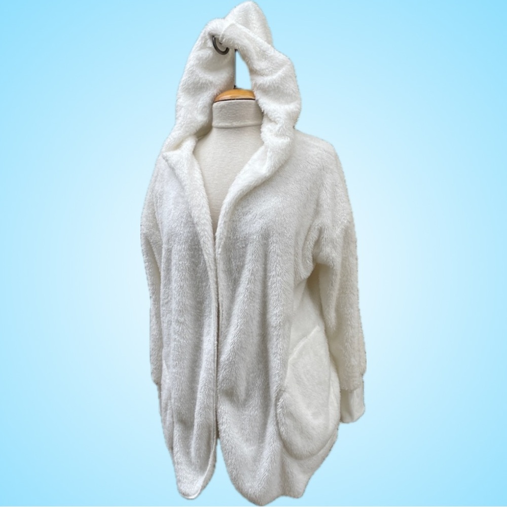 Fuzzy Fleece Hoodie Cardigan Sweater - White- Like New